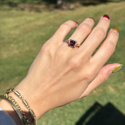 14KT Yellow Gold Cushion Rhodolite Garnet + Round Diamond Miligrain Ring