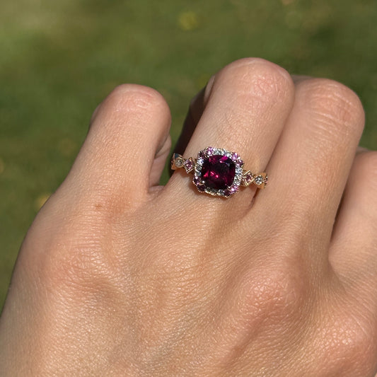14KT Yellow Gold Cushion Rhodolite Garnet + Round Diamond Miligrain Ring