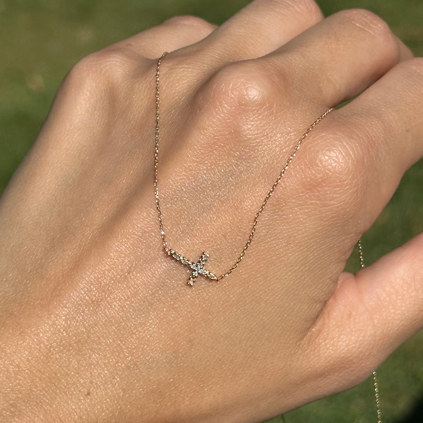 14KT Yellow Gold Diamond Small Sideways Cross Necklace