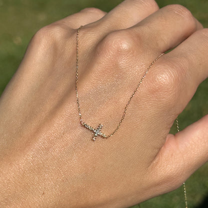 14KT Yellow Gold Diamond Small Sideways Cross Necklace