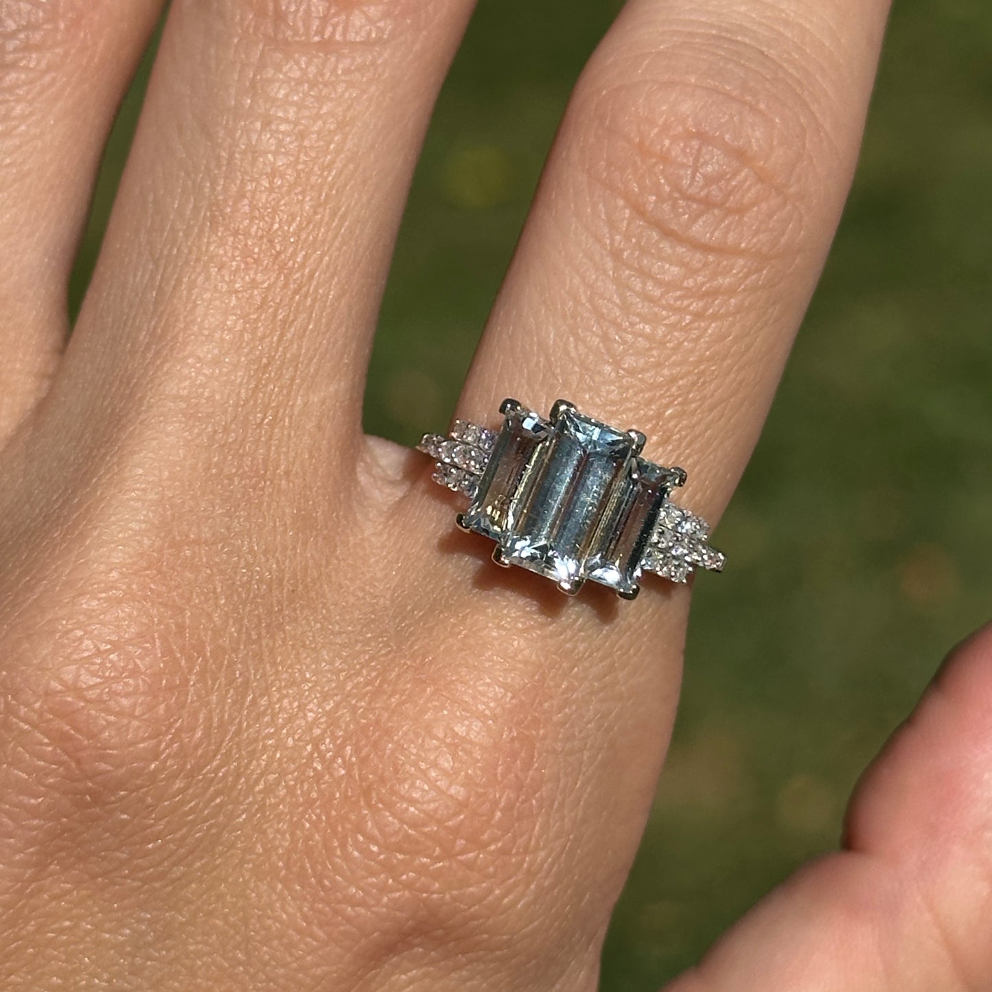 Estate 14KT Yellow Gold Elongated Emerald-Cut Aquamarine + Diamond Ring