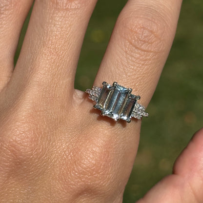 Estate 14KT Yellow Gold Elongated Emerald-Cut Aquamarine + Diamond Ring