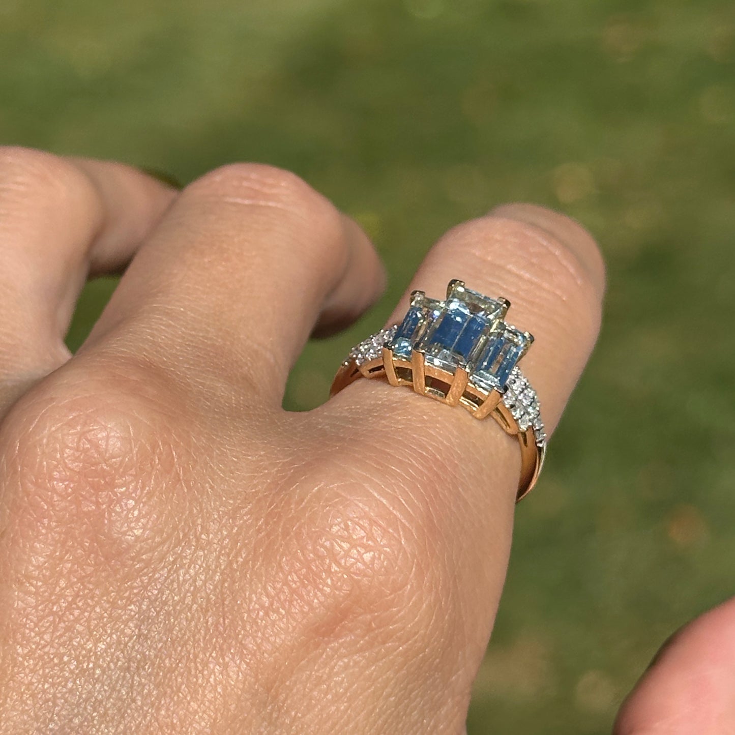 Estate 14KT Yellow Gold Elongated Emerald-Cut Aquamarine + Diamond Ring