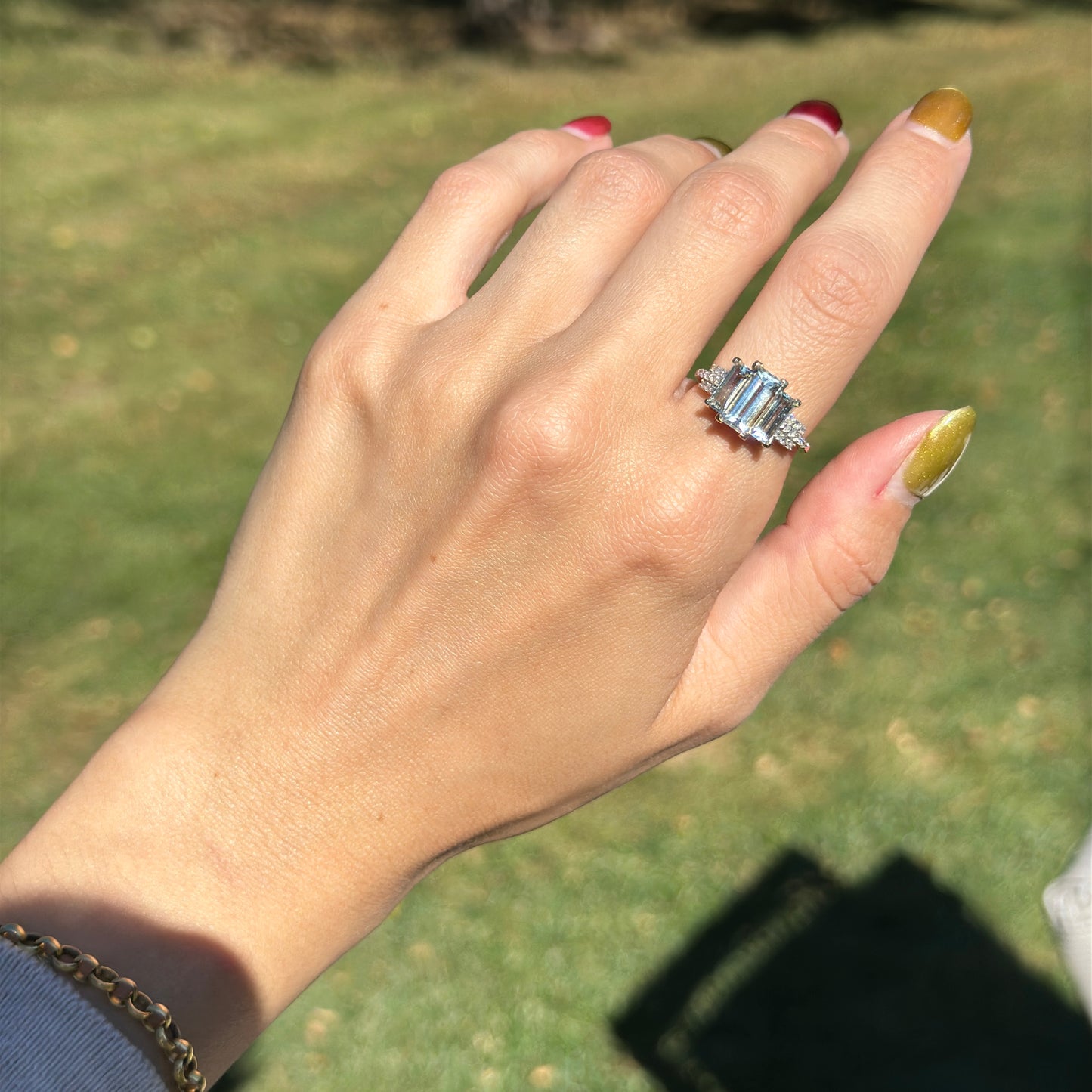 Estate 14KT Yellow Gold Elongated Emerald-Cut Aquamarine + Diamond Ring