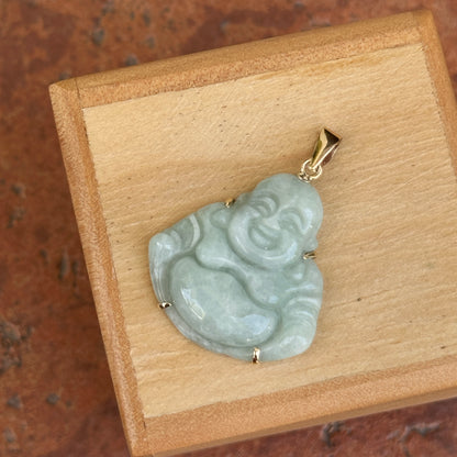 Estate 14KT Yellow Gold Carved Genuine Light Jade Buddha Gold Pendant 24mm