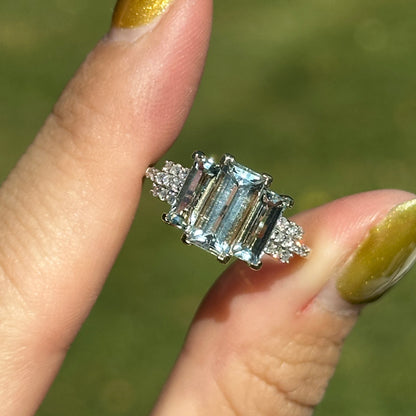 Estate 14KT Yellow Gold Elongated Emerald-Cut Aquamarine + Diamond Ring