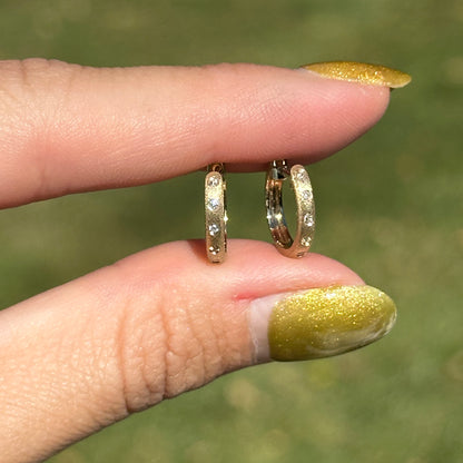 14KT Yellow Gold Brushed Round Diamond Round Huggie Earrings - LSJ