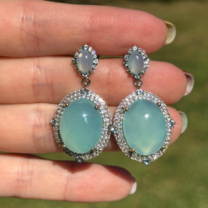 Sterling Silver Large Chalcedony, Cubic Zirconia, Swiss Blue Topaz, Aquamarine Dangle Earrings