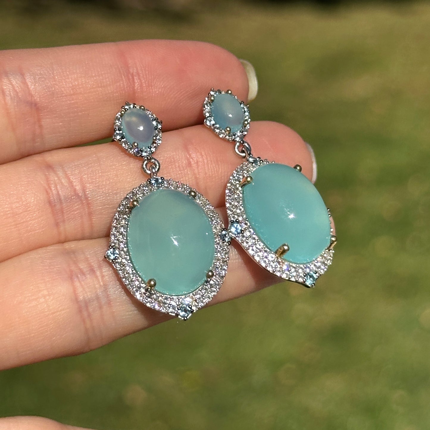 Sterling Silver Large Chalcedony, Cubic Zirconia, Swiss Blue Topaz, Aquamarine Dangle Earrings