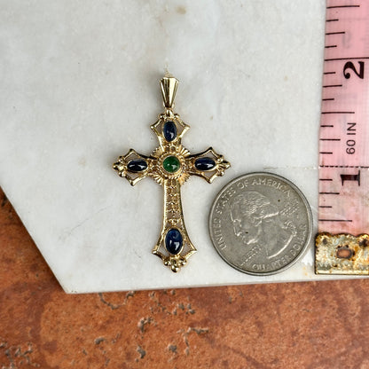 Estate 10KT/ 14KT Yellow Gold Etruscan Cabochon Gemstone Cross Pendant