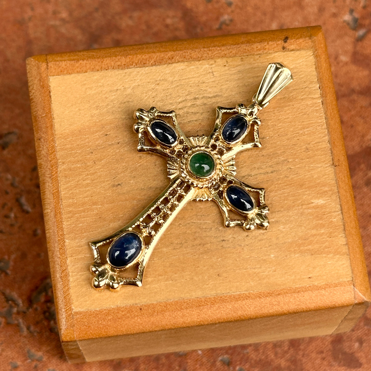Estate 10KT/ 14KT Yellow Gold Etruscan Cabochon Gemstone Cross Pendant