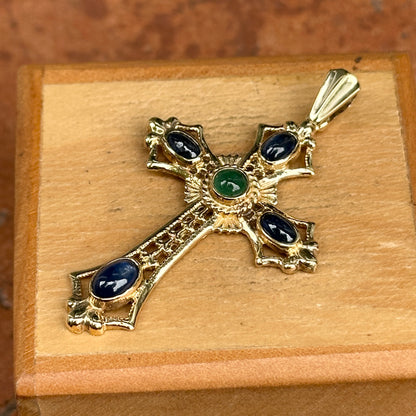 Estate 10KT/ 14KT Yellow Gold Etruscan Cabochon Gemstone Cross Pendant