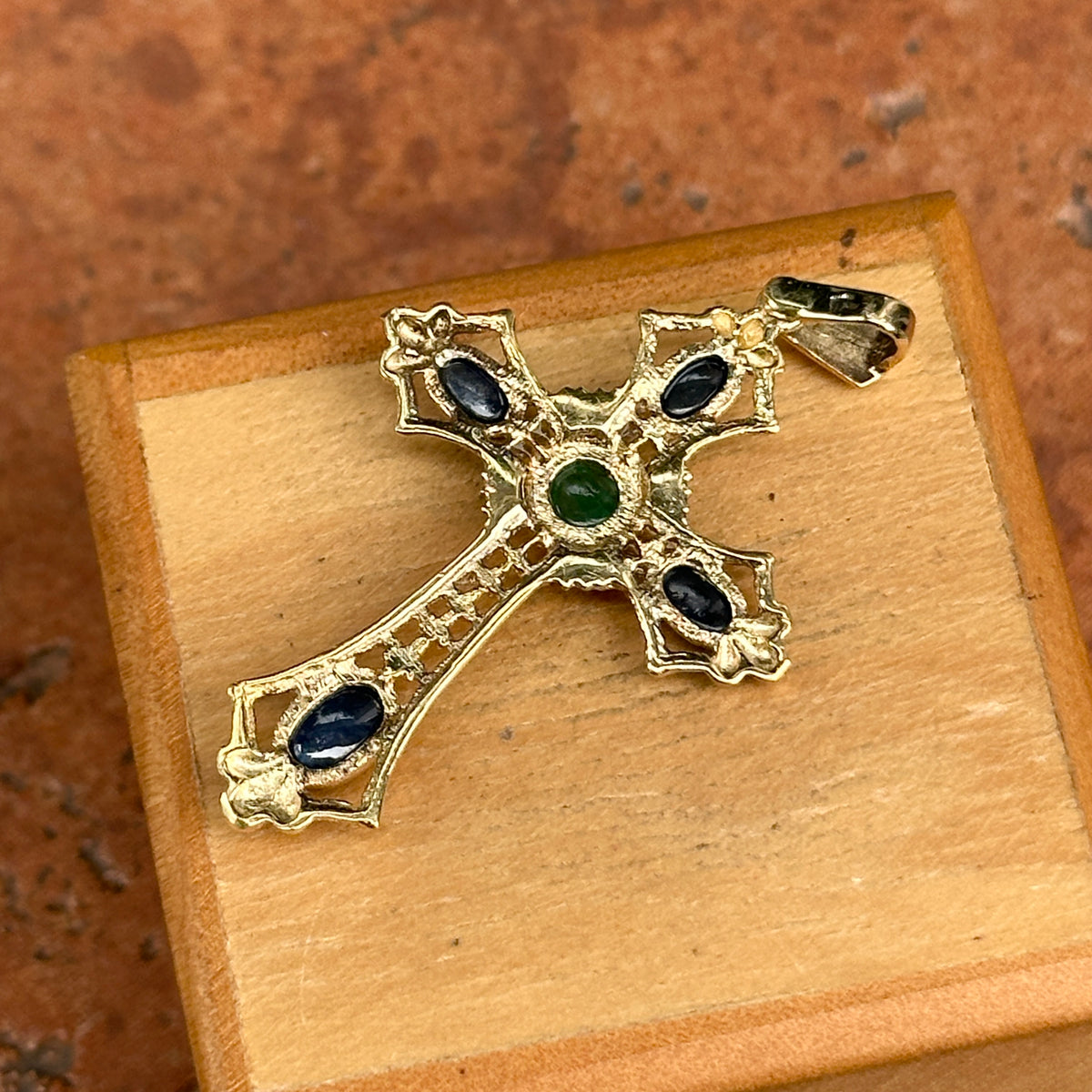 Estate 10KT/ 14KT Yellow Gold Etruscan Cabochon Gemstone Cross Pendant