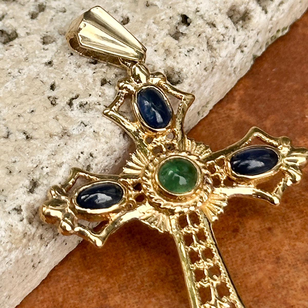 Estate 10KT/ 14KT Yellow Gold Etruscan Cabochon Gemstone Cross Pendant