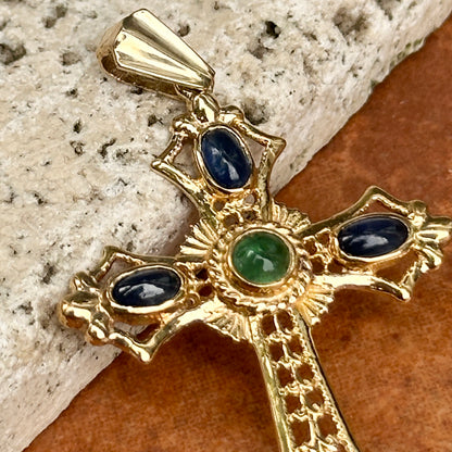 Estate 10KT/ 14KT Yellow Gold Etruscan Cabochon Gemstone Cross Pendant