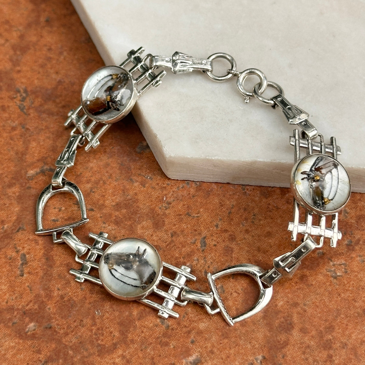 Estate Silver Round Glass Painted Horse Stirrup Link Bracelet