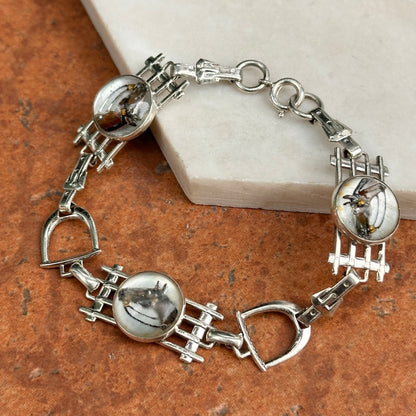 Estate Silver Round Glass Painted Horse Stirrup Link Bracelet
