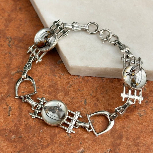 Estate Silver Round Glass Painted Horse Stirrup Link Bracelet