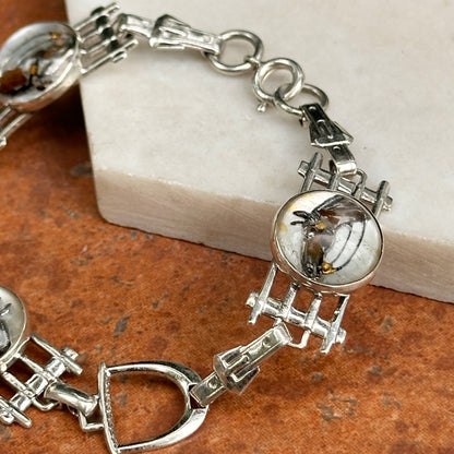 Estate Silver Round Glass Painted Horse Stirrup Link Bracelet