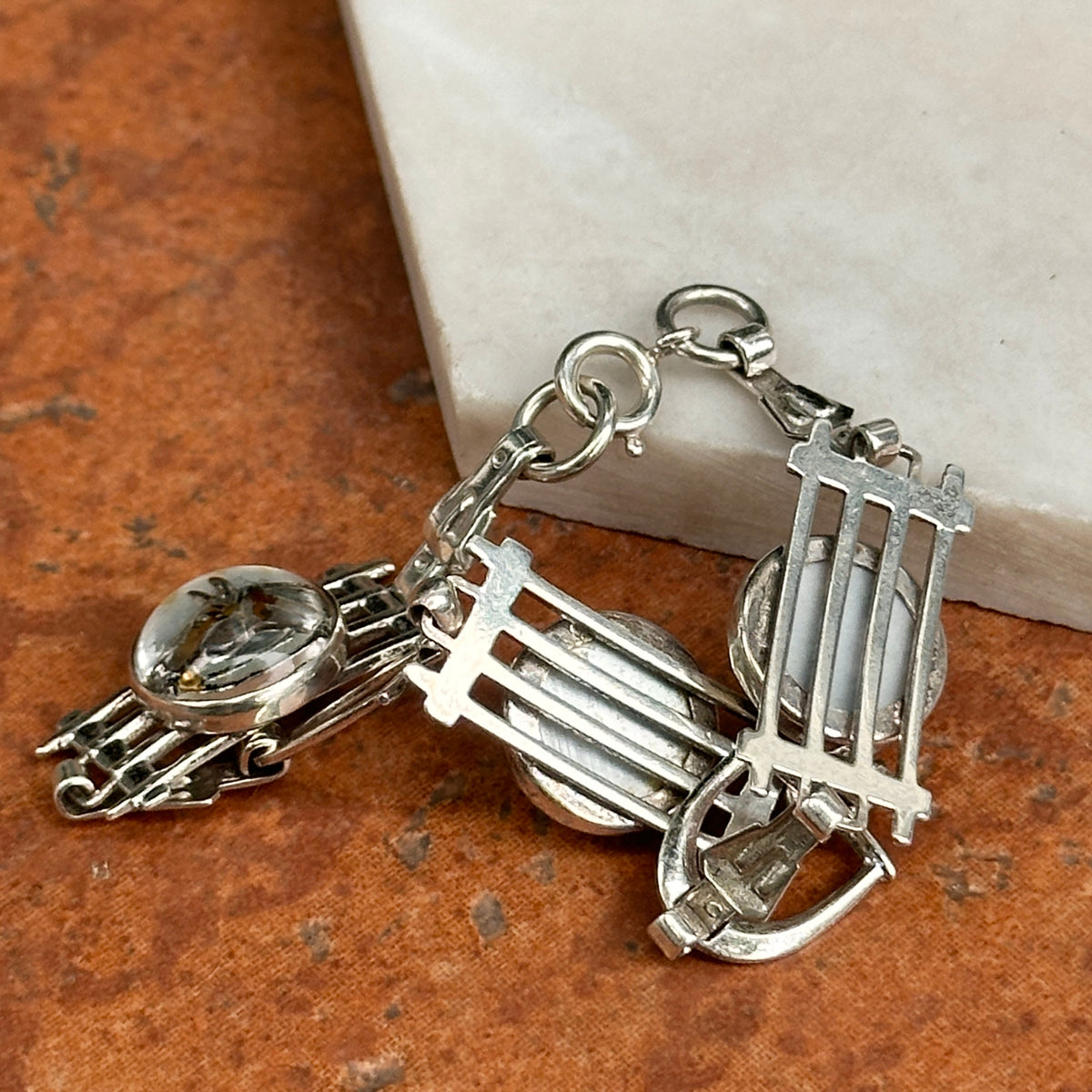 Estate Silver Round Glass Painted Horse Stirrup Link Bracelet