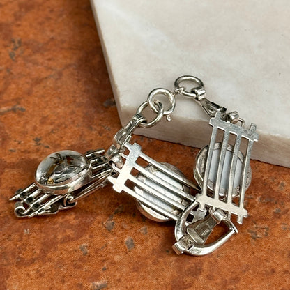 Estate Silver Round Glass Painted Horse Stirrup Link Bracelet
