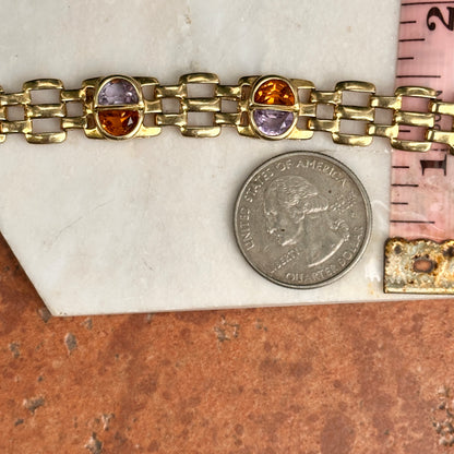 Estate 14KT Yellow Gold Amethyst + Citrine Panther Link Bracelet