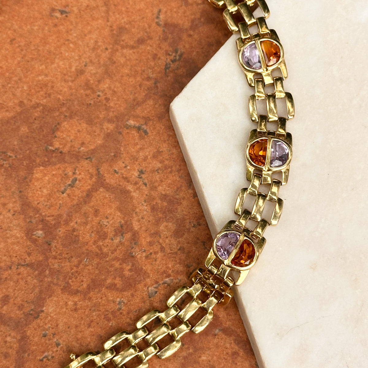 Estate 14KT Yellow Gold Amethyst + Citrine Panther Link Bracelet