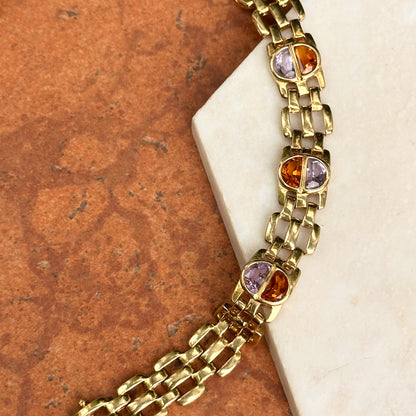 Estate 14KT Yellow Gold Amethyst + Citrine Panther Link Bracelet