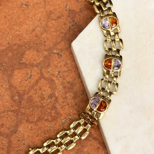 Estate 14KT Yellow Gold Amethyst + Citrine Panther Link Bracelet