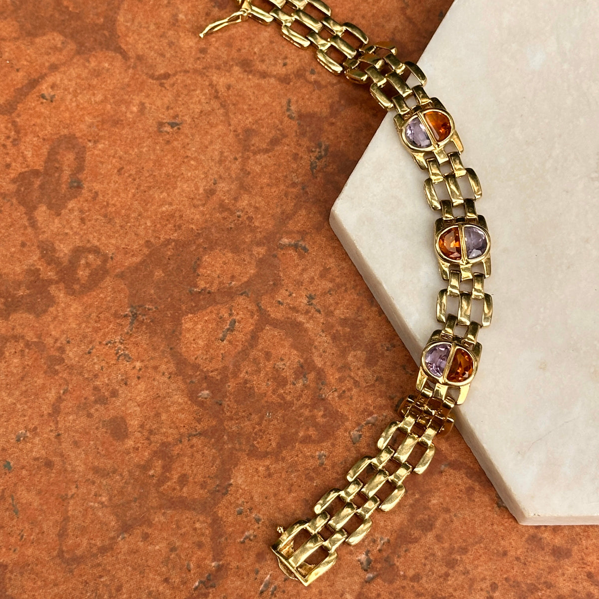 Estate 14KT Yellow Gold Amethyst + Citrine Panther Link Bracelet