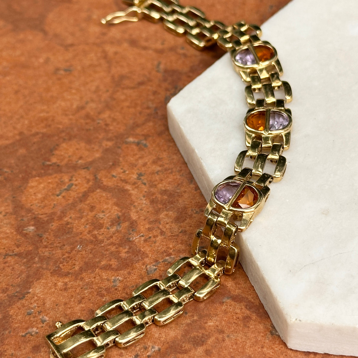 Estate 14KT Yellow Gold Amethyst + Citrine Panther Link Bracelet