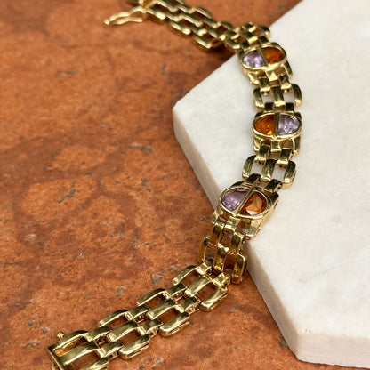 Estate 14KT Yellow Gold Amethyst + Citrine Panther Link Bracelet