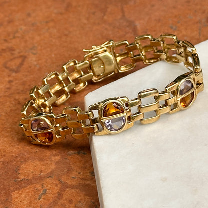 Estate 14KT Yellow Gold Amethyst + Citrine Panther Link Bracelet