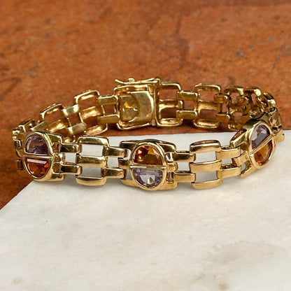 Estate 14KT Yellow Gold Amethyst + Citrine Panther Link Bracelet