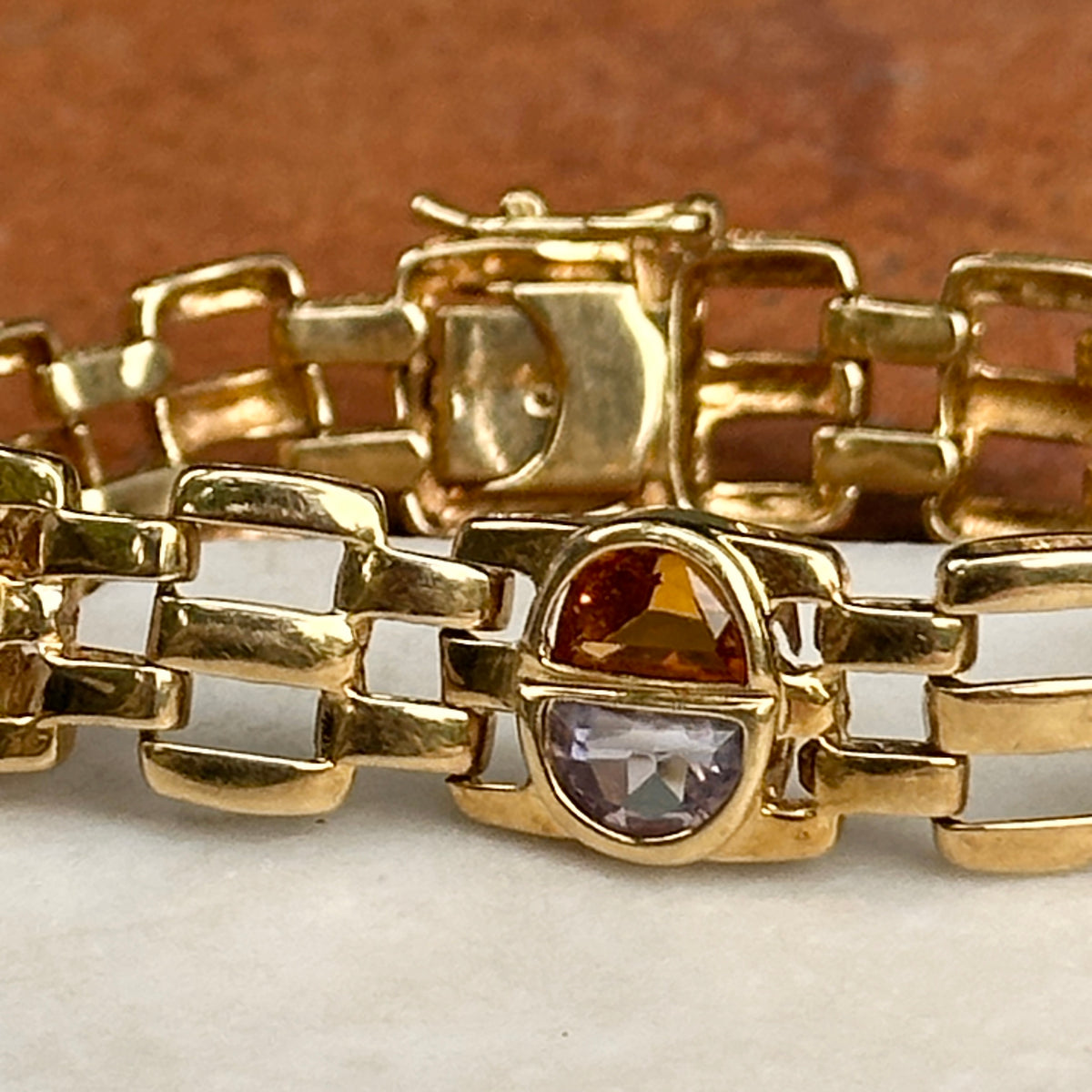 Estate 14KT Yellow Gold Amethyst + Citrine Panther Link Bracelet