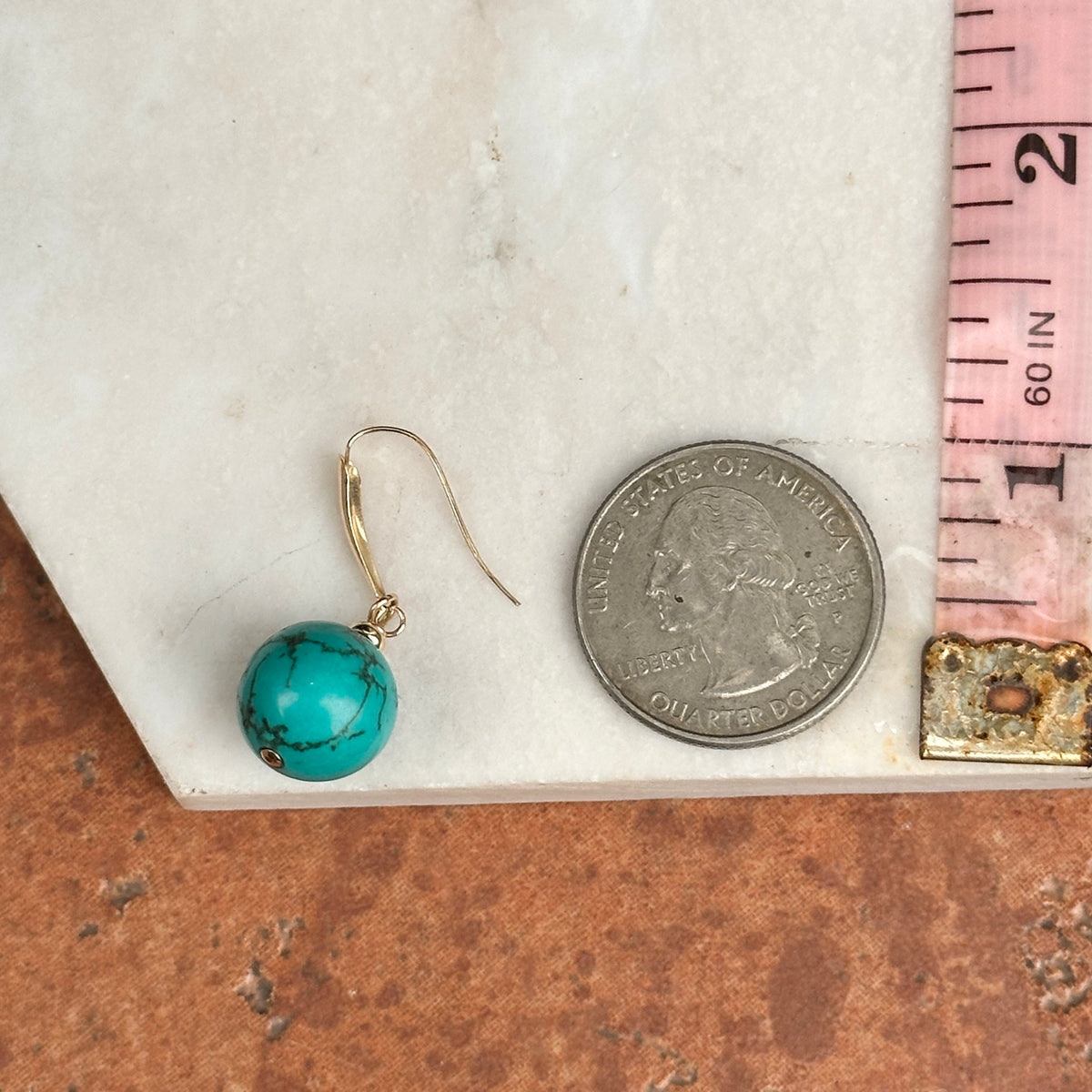 Estate 14KT Yellow Gold Round Turquoise Drop Earrings