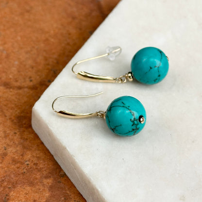 Estate 14KT Yellow Gold Round Turquoise Drop Earrings