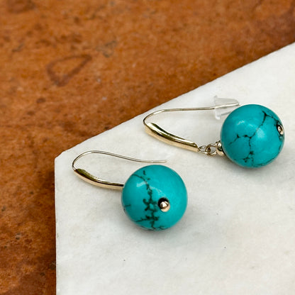 Estate 14KT Yellow Gold Round Turquoise Drop Earrings