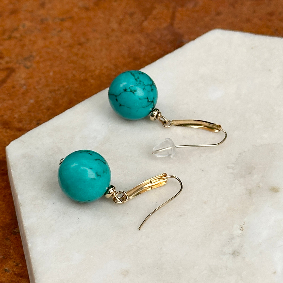 Estate 14KT Yellow Gold Round Turquoise Drop Earrings