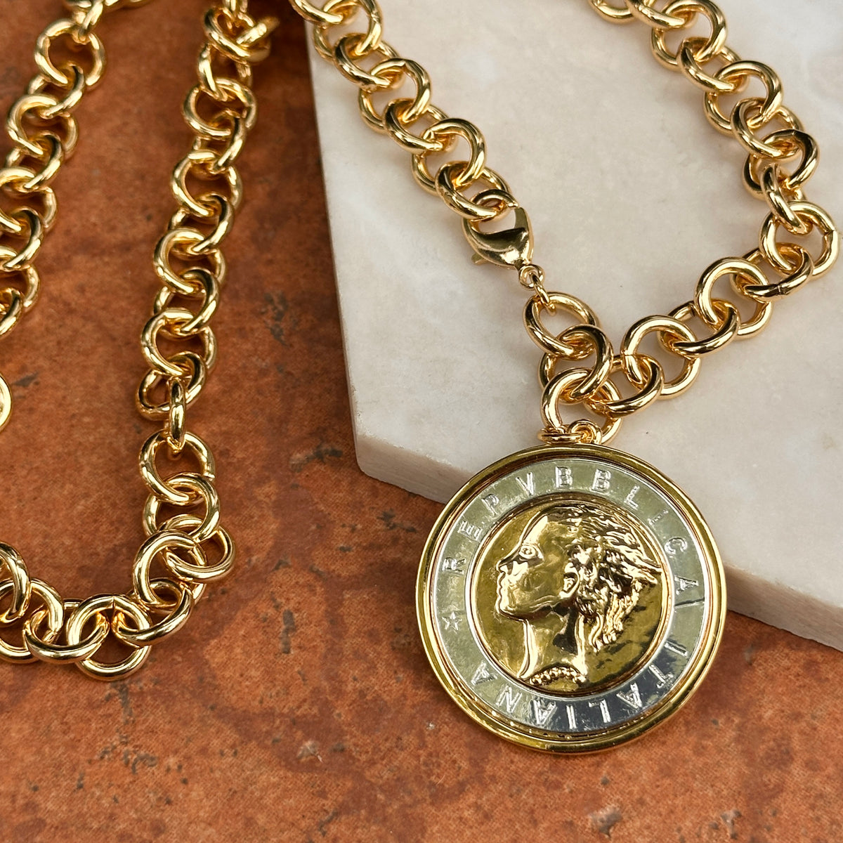 Estate Gold-Tone 1000 Lire Faux Coin Chain Necklace