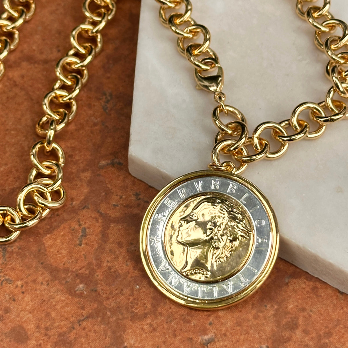 Estate Gold-Tone 1000 Lire Faux Coin Chain Necklace