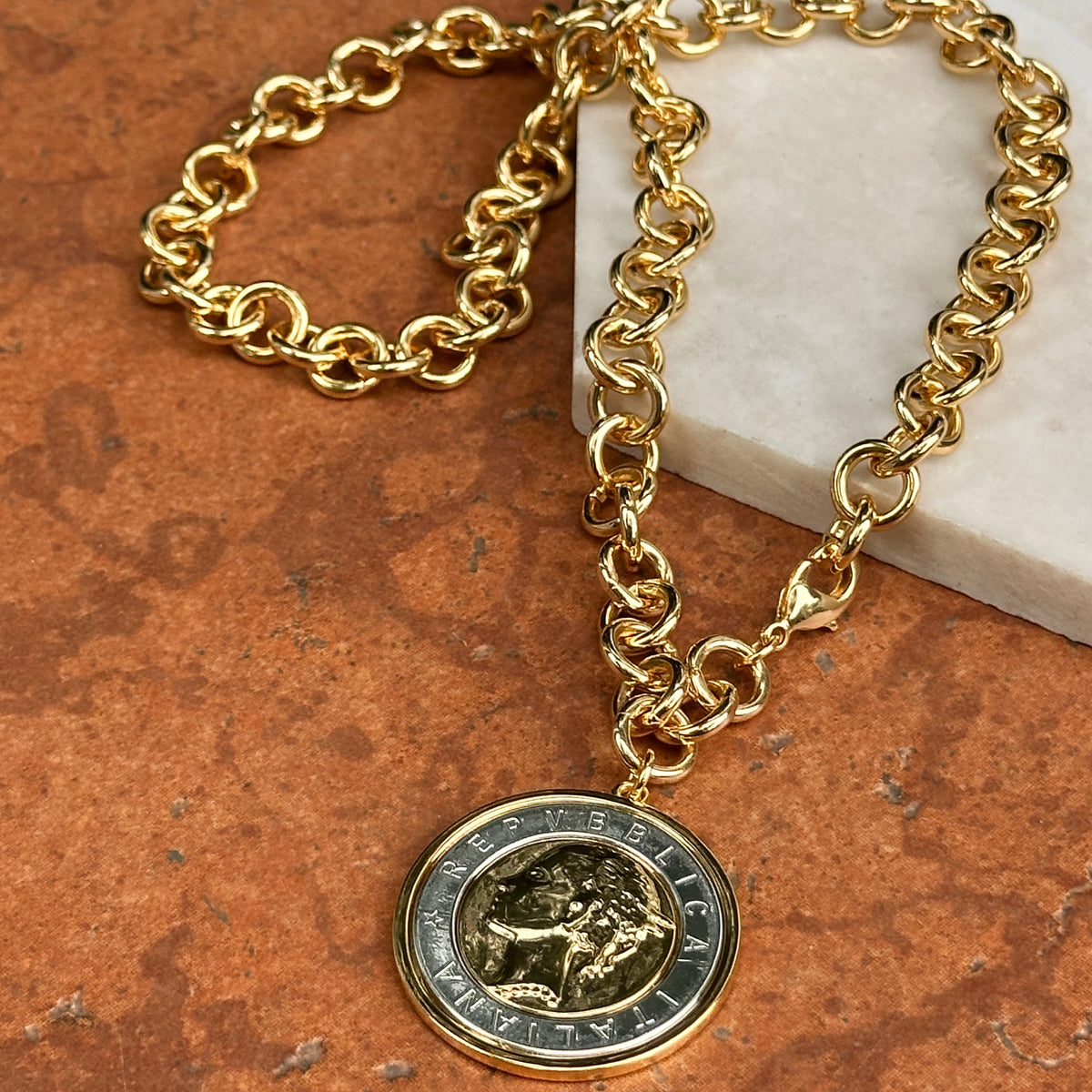 Estate Gold-Tone 1000 Lire Faux Coin Chain Necklace