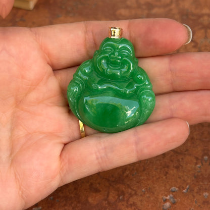 Estate 14KT Yellow Gold Carved Genuine Green Jade Buddha Pendant 40mm