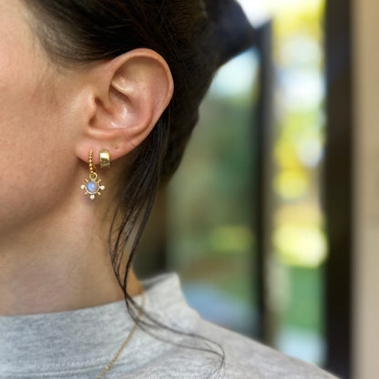 14KT Yellow Gold Round Cabochon Moonstone + Diamond Charm Earrings