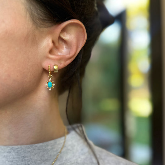 14KT Yellow Gold Oval Turquoise Round Diamond Charm Earrings