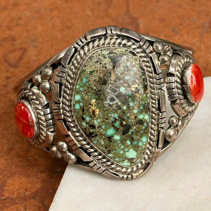Estate Navajo Sterling Silver Turquoise + Spiny Oyster Cuff Bracelet