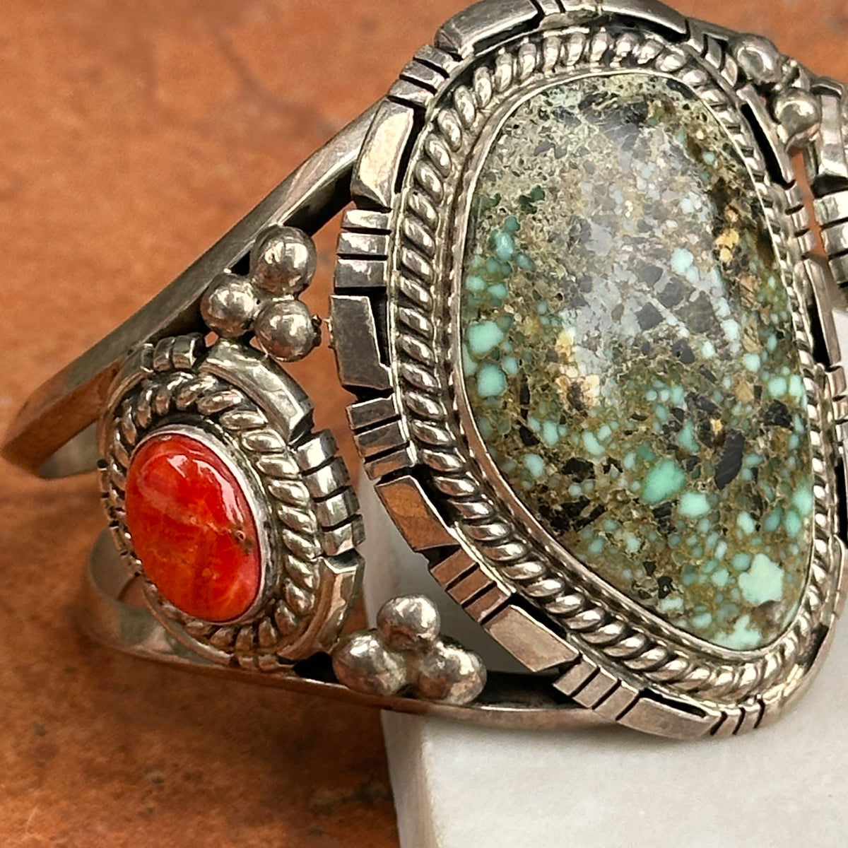 Estate Navajo Sterling Silver Turquoise + Spiny Oyster Cuff Bracelet
