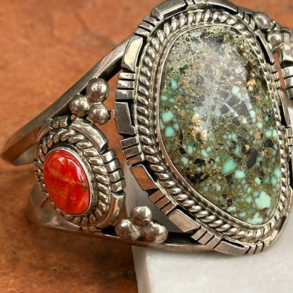 Estate Navajo Sterling Silver Turquoise + Spiny Oyster Cuff Bracelet