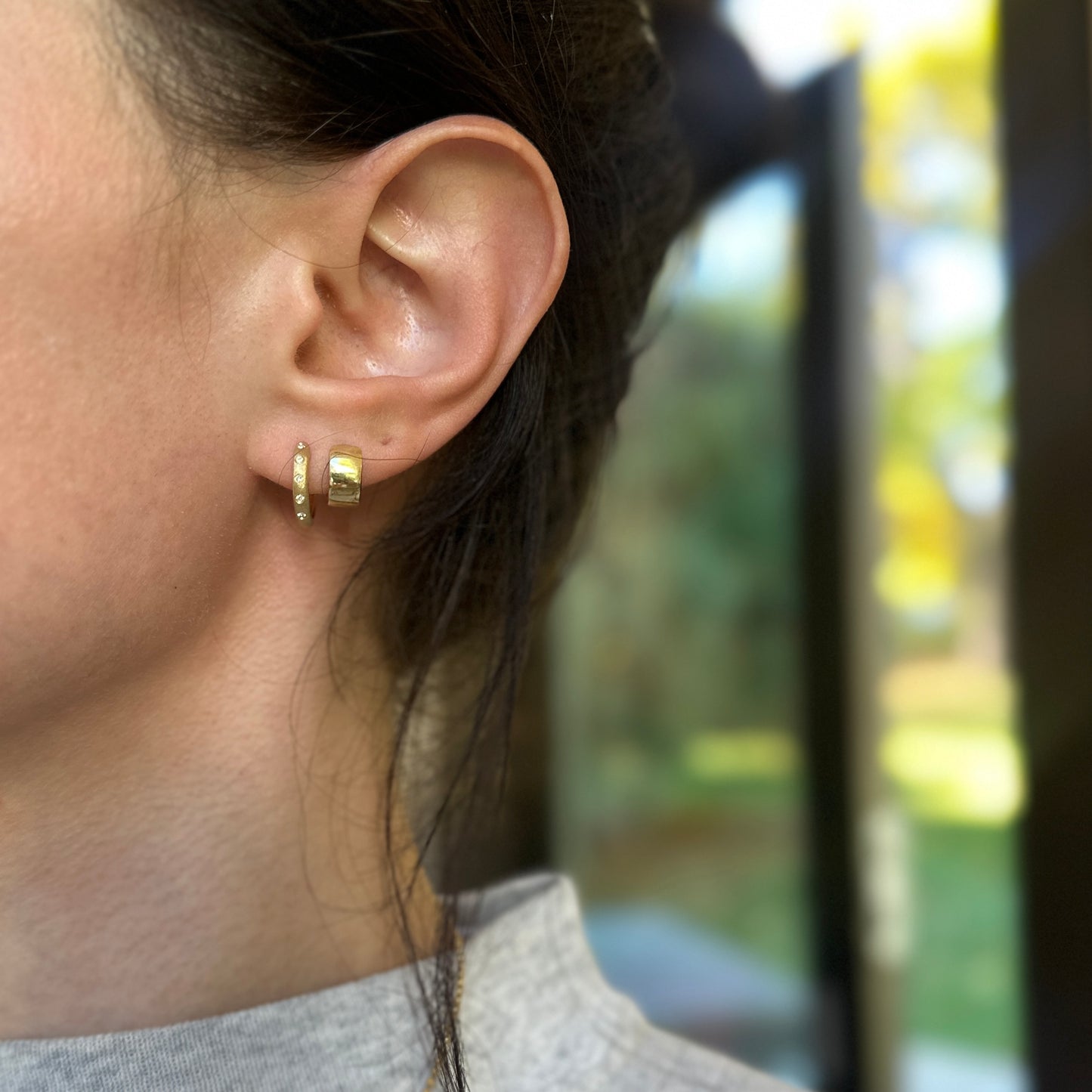 14KT Yellow Gold Brushed Round Diamond Round Huggie Earrings - LSJ