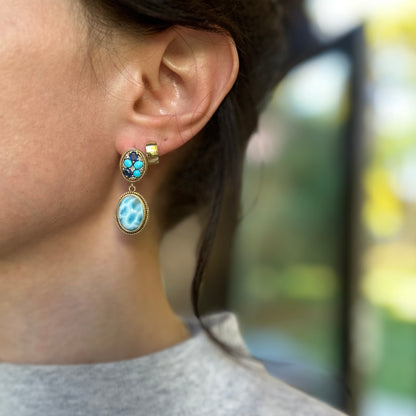 Yellow Gold-Plated Larimar, Kyanite, Sleeping Beauty Turquoise and Cubic Zirconia Drop Earrings